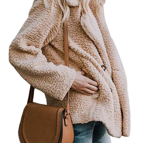 Fleece Open Front Coat Pockets Outerwear - Picture 2 of 3